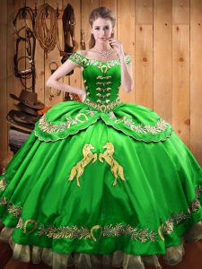 Pretty Sleeveless Satin and Organza Floor Length Lace Up Quince Ball Gowns in Green with Beading and Embroidery