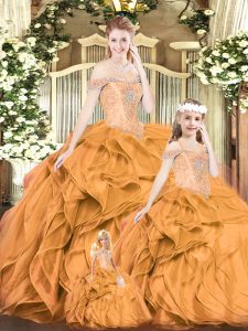 Ball Gowns Quince Ball Gowns Orange Red Off The Shoulder Organza Sleeveless Floor Length Lace Up