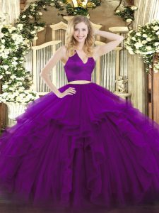 Low Price Purple Organza Zipper Halter Top Sleeveless Floor Length Quince Ball Gowns Ruffles