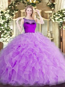 Customized Lavender Ball Gowns Organza Scoop Sleeveless Beading and Ruffles and Hand Made Flower Floor Length Zipper Quinceanera Gowns
