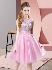 Knee Length Zipper Prom Gown Rose Pink for Prom and Party with Beading