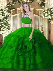 Glorious Green Tulle Backless High-neck Sleeveless Floor Length Quinceanera Gowns Beading and Ruffled Layers