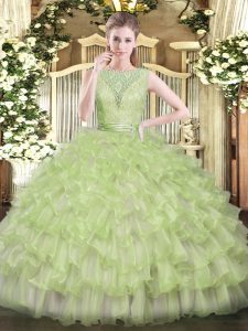 Most Popular Tulle Scoop Sleeveless Backless Beading and Ruffled Layers Sweet 16 Dress in Yellow Green