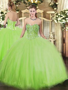 Sleeveless Tulle Floor Length Lace Up Sweet 16 Dress in Yellow Green with Beading