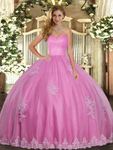Pretty Beading and Appliques 15th Birthday Dress Rose Pink Lace Up Sleeveless Floor Length