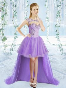 High Low Lavender Prom Gown Scoop Sleeveless Lace Up
