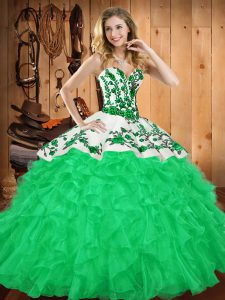 Green Satin and Organza Lace Up Quinceanera Dress Sleeveless Floor Length Embroidery and Ruffles
