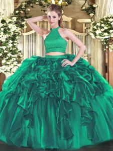 Turquoise Sleeveless Floor Length Beading and Ruffles Backless Quinceanera Gown