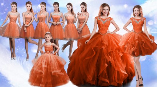 Rust Red Ball Gowns Scoop Sleeveless Organza Floor Length Lace Up Beading and Ruffles Quinceanera Dress