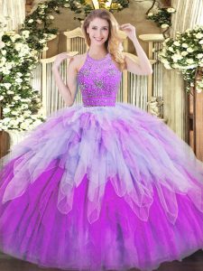 Sleeveless Zipper Floor Length Beading and Ruffles Sweet 16 Quinceanera Dress