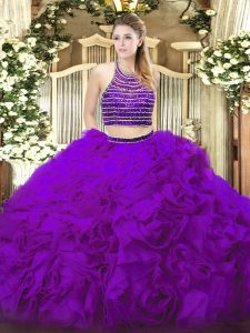 Captivating Sleeveless Floor Length Beading and Ruffles Lace Up Sweet 16 Dresses with Eggplant Purple