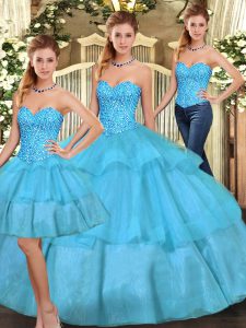 Sweetheart Sleeveless Lace Up Ball Gown Prom Dress Aqua Blue Organza