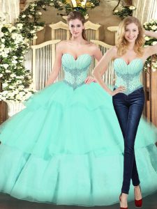 Delicate Sleeveless Organza Floor Length Lace Up Quinceanera Dresses in Apple Green with Beading and Ruffled Layers