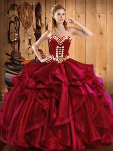 Wine Red Organza Lace Up Sweetheart Sleeveless Floor Length Vestidos de Quinceanera Embroidery and Ruffles