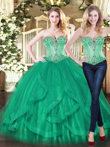 High Quality Tulle Sweetheart Sleeveless Lace Up Beading and Ruffles Quinceanera Dresses in Turquoise