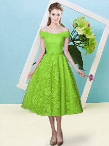 Flirting Tea Length Lace Up Quinceanera Court Dresses Yellow Green for Prom and Party and Wedding Party with Bowknot