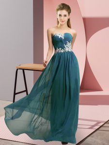 Elegant Teal Lace Up Evening Dress Appliques Sleeveless Floor Length