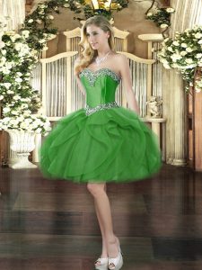 Sleeveless Tulle Mini Length Lace Up Prom Dresses in Green with Beading and Ruffles