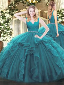 Teal Tulle Zipper Quince Ball Gowns Sleeveless Floor Length Beading and Ruffles