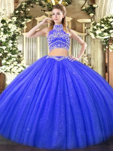 Blue Tulle Backless High-neck Sleeveless Floor Length Ball Gown Prom Dress Beading