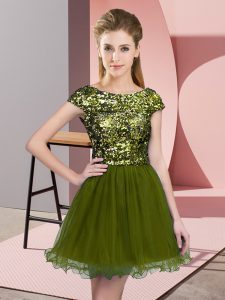 Gorgeous Olive Green Zipper Scoop Sequins Dama Dress Tulle Cap Sleeves