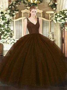 Adorable Floor Length Brown Sweet 16 Dress Tulle and Sequined Sleeveless Beading