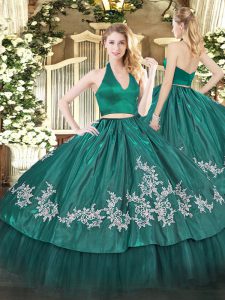 Ideal Floor Length Dark Green Quinceanera Dress Halter Top Sleeveless Zipper