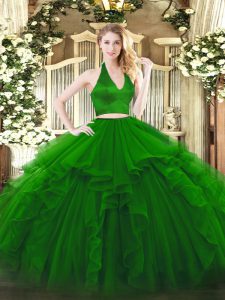 Beauteous Ruffles Sweet 16 Dress Green Zipper Sleeveless Floor Length