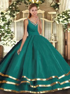 A-line Quince Ball Gowns Turquoise V-neck Organza Sleeveless Floor Length Backless