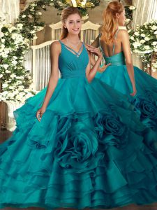 Dazzling Teal Backless V-neck Ruffles Quinceanera Dress Fabric With Rolling Flowers Sleeveless Sweep Train
