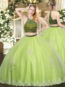 Superior Yellow Green Ball Gowns Beading and Appliques Quinceanera Dress Zipper Tulle Sleeveless Floor Length