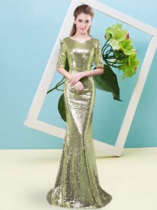 Enchanting Floor Length Zipper Prom Evening Gown Yellow Green for Prom and Party with Sequins