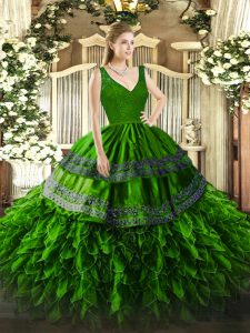 Glorious Green Sweet 16 Dresses Sweet 16 and Quinceanera with Beading and Appliques and Ruffles V-neck Sleeveless Zipper