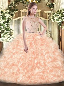 Bateau Sleeveless Quinceanera Gown Floor Length Beading and Ruffles Champagne Tulle