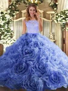 Blue Zipper Scoop Beading and Lace 15 Quinceanera Dress Organza and Fabric With Rolling Flowers Sleeveless