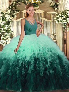 Excellent Multi-color V-neck Backless Ruffles Quinceanera Gowns Sleeveless