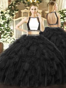 Affordable Sleeveless Tulle Floor Length Backless Quinceanera Dresses in Black with Ruffles