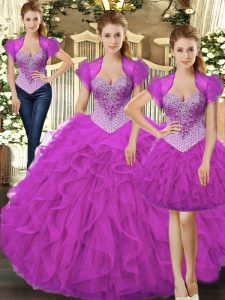 Most Popular Fuchsia Sleeveless Tulle Lace Up Quinceanera Gowns for Military Ball and Sweet 16 and Quinceanera