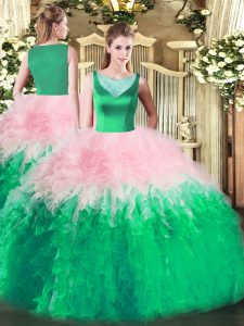 Inexpensive Tulle Sleeveless Floor Length Ball Gown Prom Dress and Beading and Ruffles