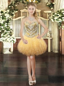 Gold Lace Up Evening Dress Beading and Ruffles Sleeveless Mini Length