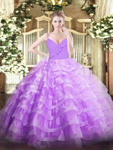 Lavender Organza Zipper Quinceanera Dress Sleeveless Floor Length Ruffled Layers
