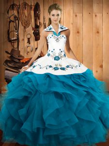 Fitting Floor Length Teal Quinceanera Gowns Halter Top Sleeveless Lace Up
