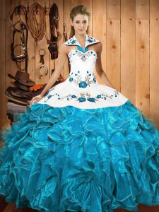 Modest Baby Blue Ball Gowns Embroidery and Ruffles Quinceanera Dresses Lace Up Satin and Organza Sleeveless Floor Length