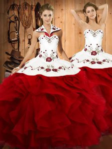 Wine Red Lace Up Halter Top Embroidery and Ruffles Quinceanera Gown Satin and Organza Sleeveless
