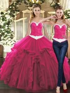Custom Design Fuchsia Ball Gowns Sweetheart Sleeveless Tulle Floor Length Lace Up Ruffles 15 Quinceanera Dress