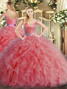 Watermelon Red Ball Gowns Ruffles Sweet 16 Dresses Zipper Organza Sleeveless Floor Length