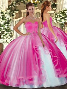 Graceful Sweetheart Sleeveless Quinceanera Gowns Floor Length Beading Hot Pink Tulle