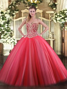 Superior Sleeveless Tulle Floor Length Lace Up 15 Quinceanera Dress in Coral Red with Beading