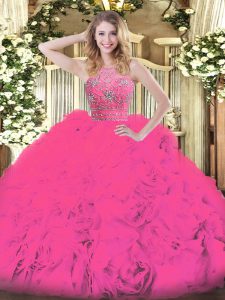 Traditional Hot Pink Zipper Sweet 16 Dresses Beading and Ruffles Sleeveless Floor Length