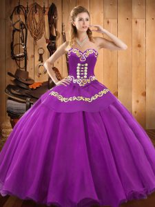 Super Purple Satin and Tulle Lace Up Sweetheart Sleeveless Floor Length Sweet 16 Quinceanera Dress Embroidery